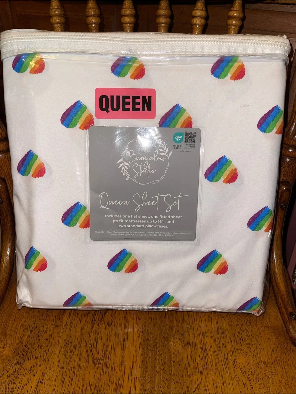 Bungalow Studios Rainbow Heart Queen Sheet Set - White with Multicolor Hearts